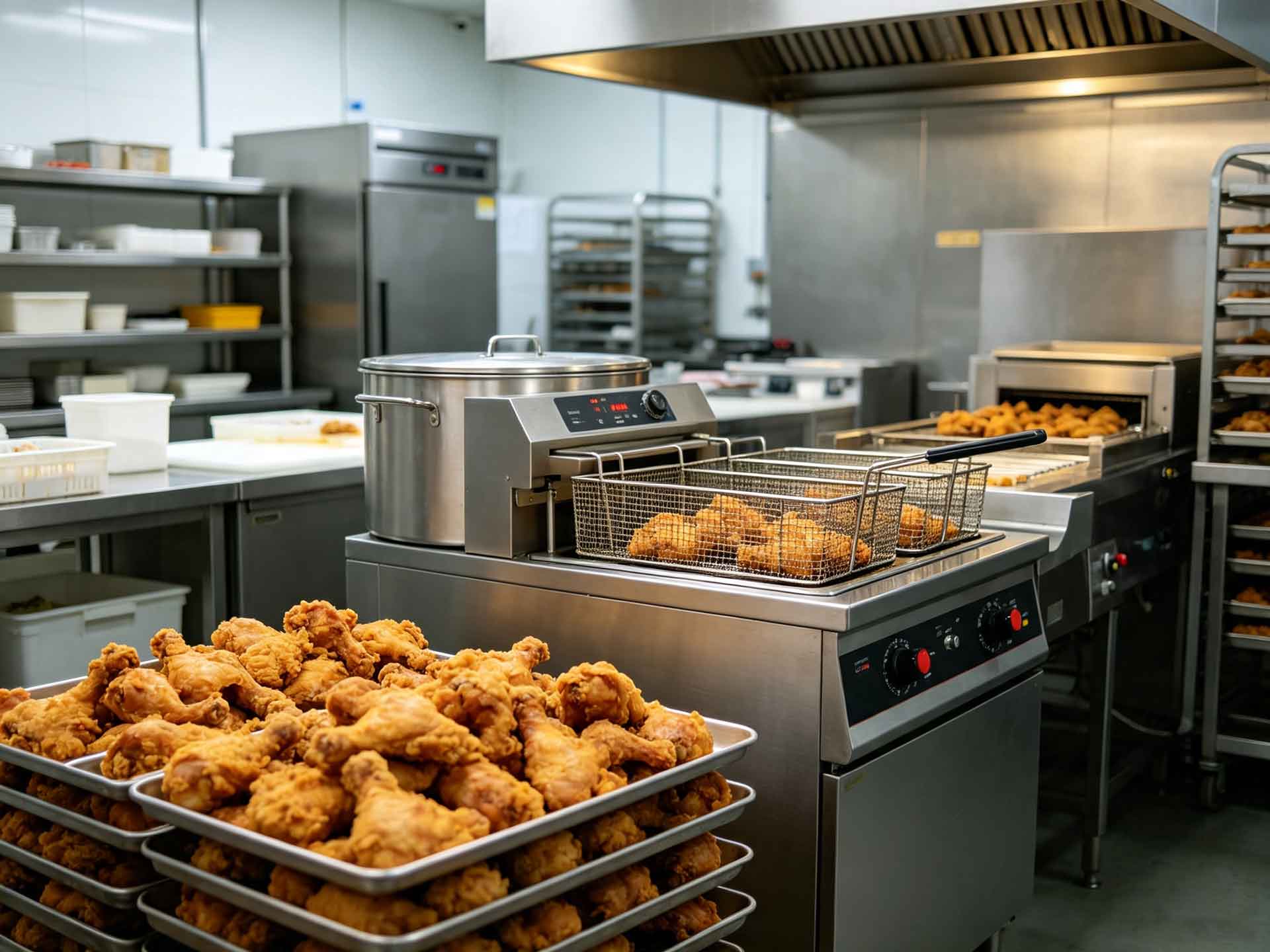 High-volume commercial pressure fryer running bone-in chicken batches