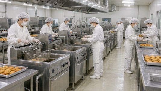 central kitchen fryer production line with workers