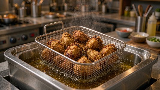 fried chicken frying in commercial open fryer at fried chicken shop