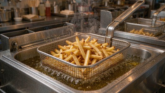 french fries frying in open fryer at snack bar