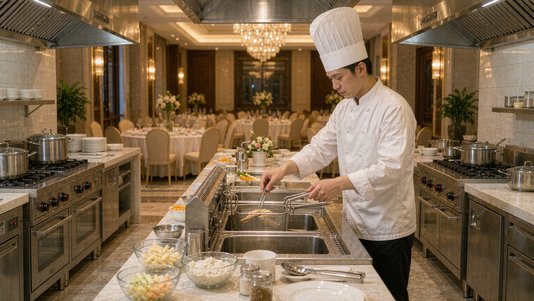 chef using commercial open fryer in hotel banquet kitchen