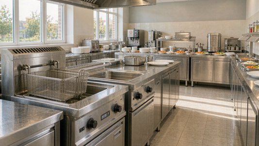 school canteen kitchen with commercial open fryer