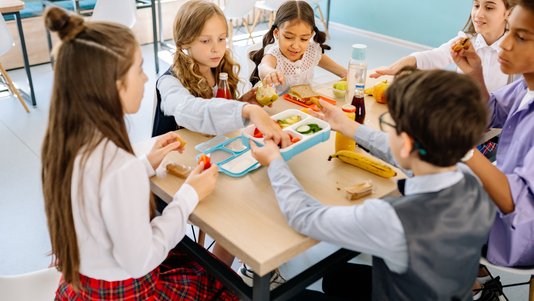 students having lunch in a school canteen